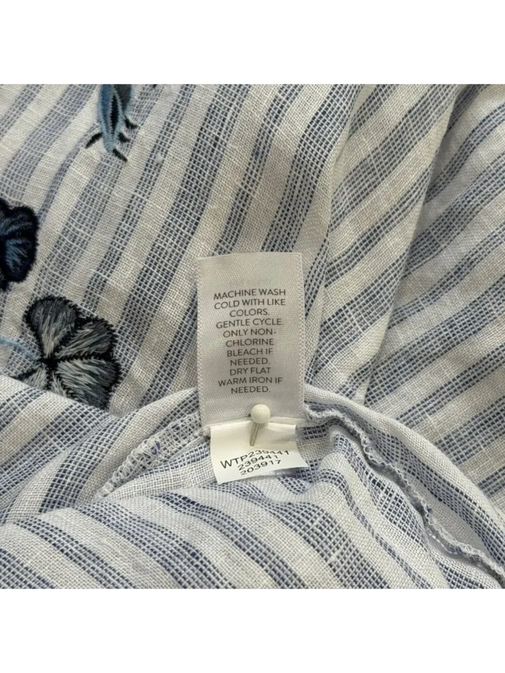 J. Jill Love Linen Womens Size S Linen Top Embroidered Tunic Blue White Stripe - Picture 8 of 8